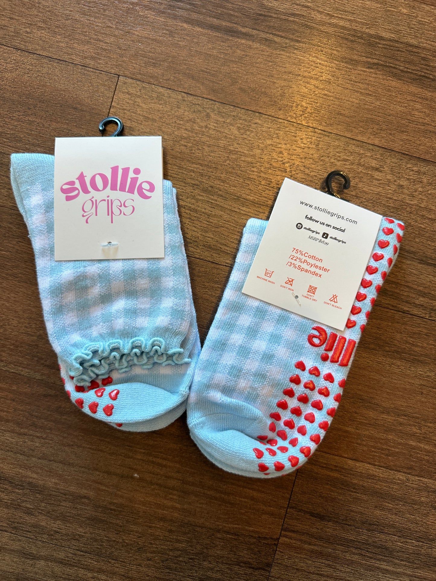 PILATES GRIP CREW SOCK | BLUE GINGHAM